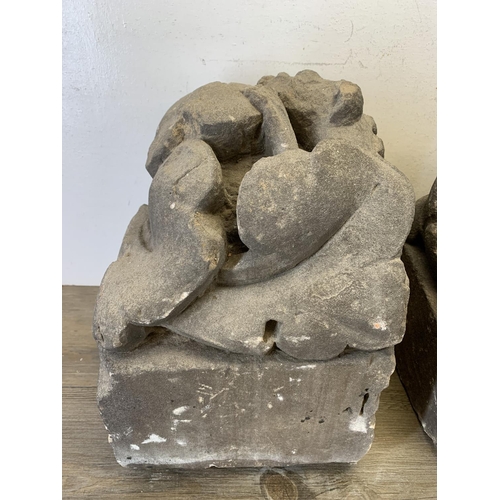 517 - Two medieval carved stone gargoyle corbels - largest approx. 40cm high x 25cm wide