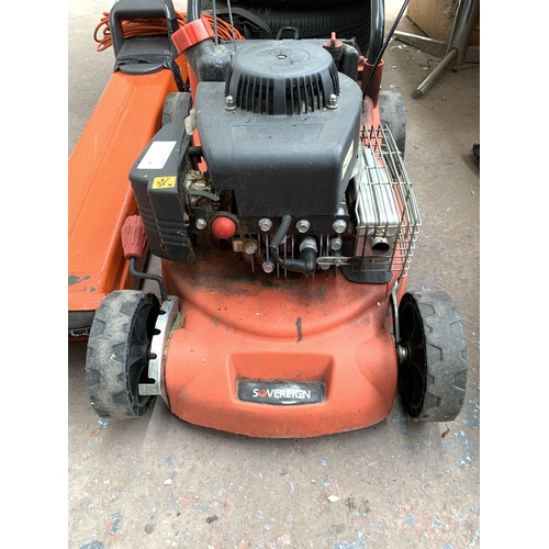 1050 - Two items, one Sovereign petrol lawn mower and one Flymo garden vac