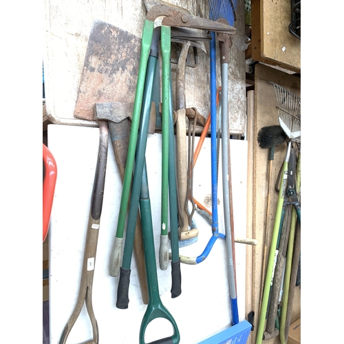 1055 - A collection of garden hand tools to include axe, rake, wood saw etc.