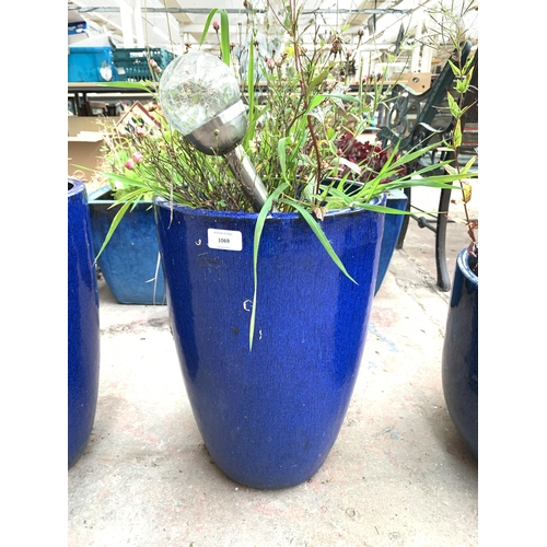 1069 - A pair of blue glazed garden planters - approx. 43cm high x 30cm diameter