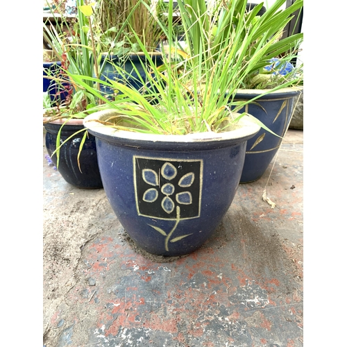 1078 - Five blue glazed garden planters - largest approx. 30cm high x 36cm diameter