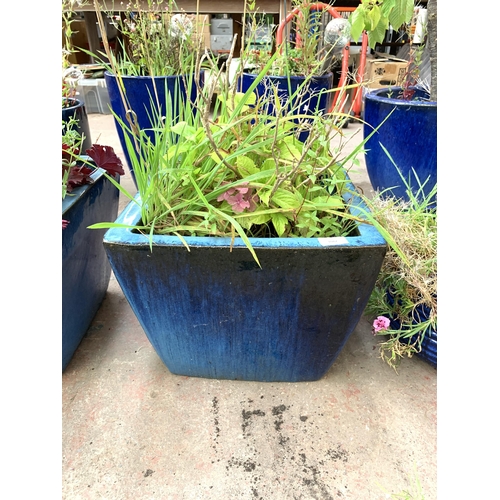 1082 - A pair of blue glazed garden planters - approx. 33cm high x 39cm wide