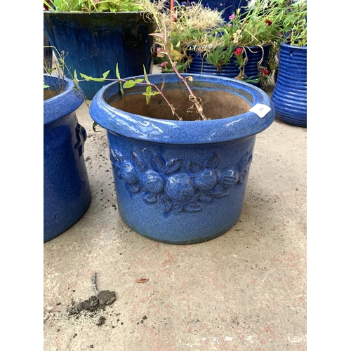 1083 - Three matching blue glazed garden planters - approx. 22cm high x 21cm diameter