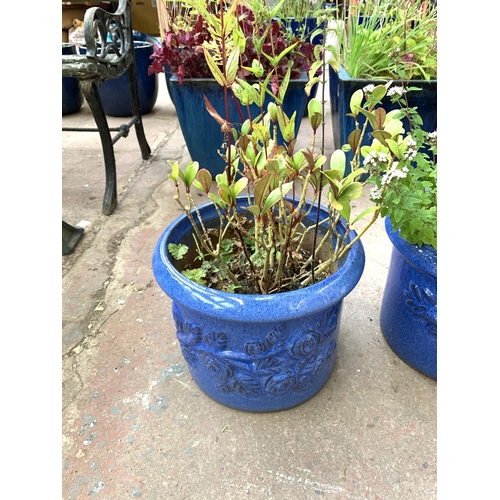 1083 - Three matching blue glazed garden planters - approx. 22cm high x 21cm diameter