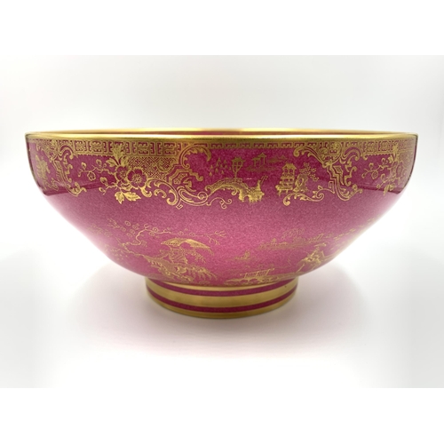 377 - A Spode England bone china circular footed bowl on pink ground with gilt decoration - approx. 26cm d... 