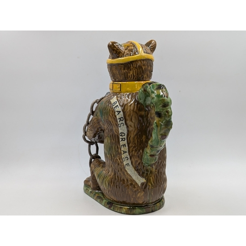 353 - A Majolica style 'Bears Grease' bear baiting advertising jug - approx. 30cm high