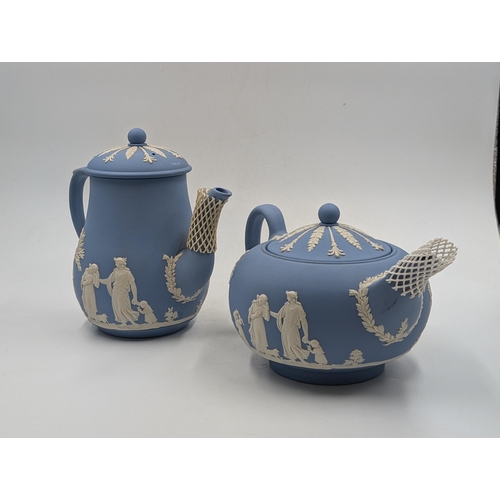 360 - Two pieces of Wedgwood pale blue Jasperware, one teapot and one coffee pot