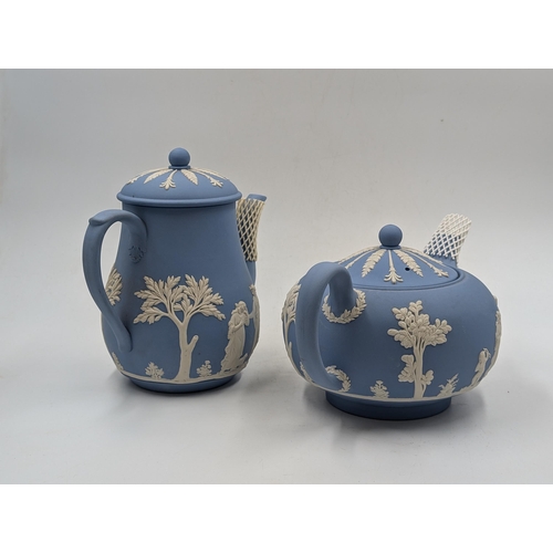 360 - Two pieces of Wedgwood pale blue Jasperware, one teapot and one coffee pot