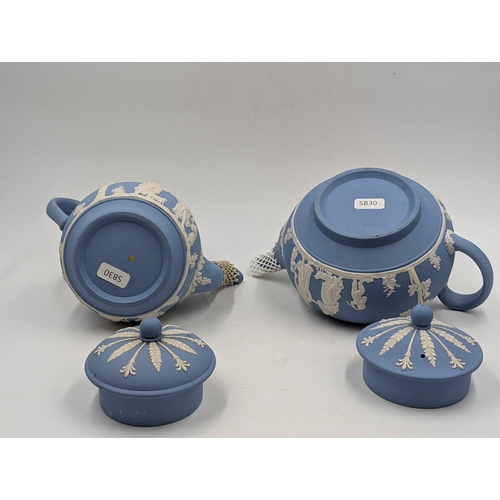 360 - Two pieces of Wedgwood pale blue Jasperware, one teapot and one coffee pot