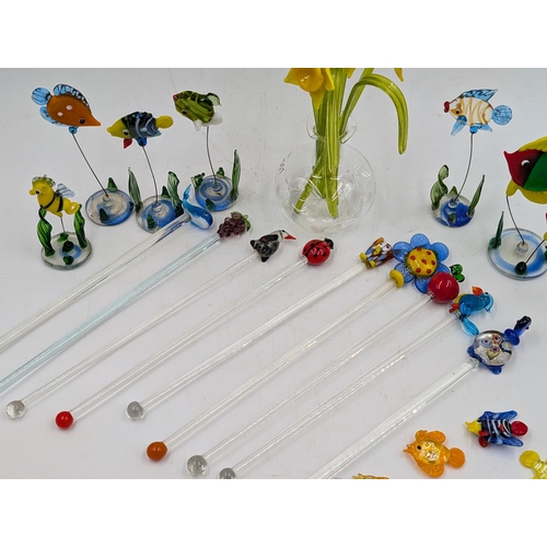 371 - A collection of Murano hand blown glass ornaments and cocktail stirrers