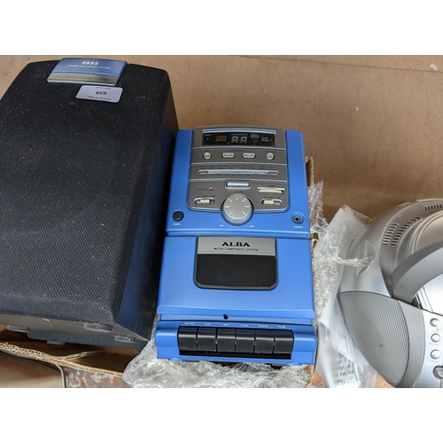 698 - Three items, one Alba micro stereo system with two 4Ω speakers, one Matsui CD48D portable radio CD p... 