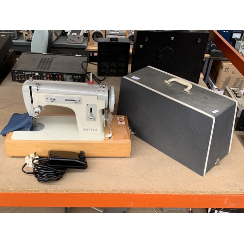 757 - A cased Merritt electric sewing machine with foot pedal