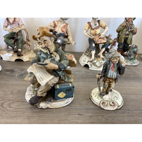 419 - Nine ceramic figurines to include Capodimonte Hunter and Hound etc.