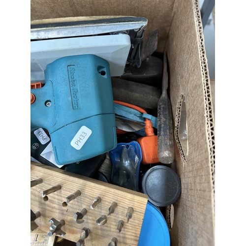 1029 - Two boxes containing various items to include Black & Decker DN 44-F13 sander, dry wall screws, exte... 