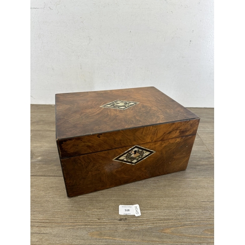 518 - A 19th century walnut and mother of pearl and abalone shell inlaid workbox - approx. 15.5cm high x 3... 