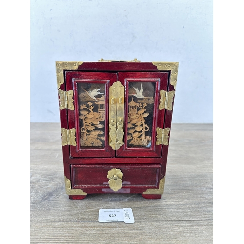 527 - A mid 20th century Chinese hardwood and brass miniature jewellery cabinet with cork diorama panelled... 