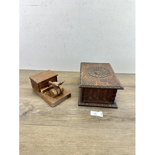 533 - Two items, one carved oak rectangular storage box - approx. 11cm high x 24cm wide x 16.5cm deep and ... 