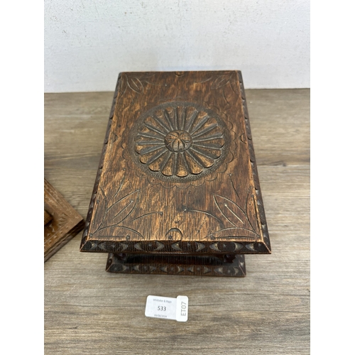 533 - Two items, one carved oak rectangular storage box - approx. 11cm high x 24cm wide x 16.5cm deep and ... 