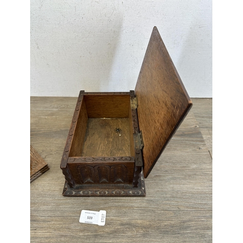 533 - Two items, one carved oak rectangular storage box - approx. 11cm high x 24cm wide x 16.5cm deep and ... 