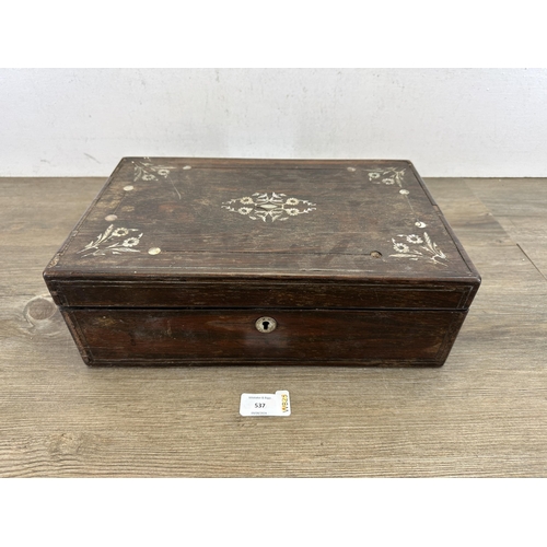 537 - A 19th century rosewood and mother of pearl inlaid writing slope - approx. 12cm high x 35cm wide x 2... 