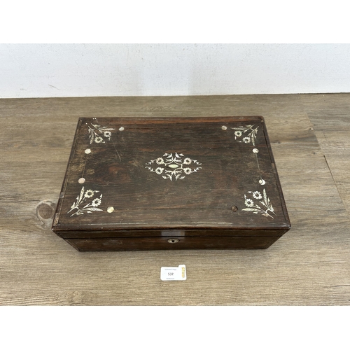 537 - A 19th century rosewood and mother of pearl inlaid writing slope - approx. 12cm high x 35cm wide x 2... 