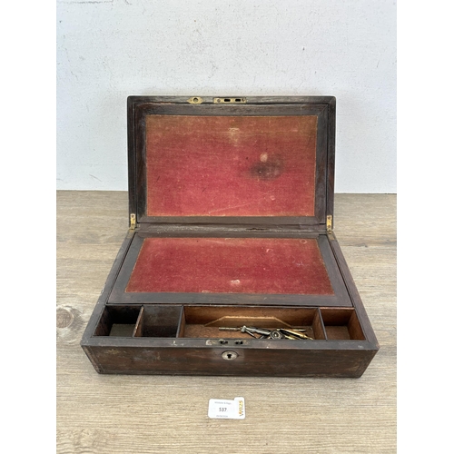 537 - A 19th century rosewood and mother of pearl inlaid writing slope - approx. 12cm high x 35cm wide x 2... 