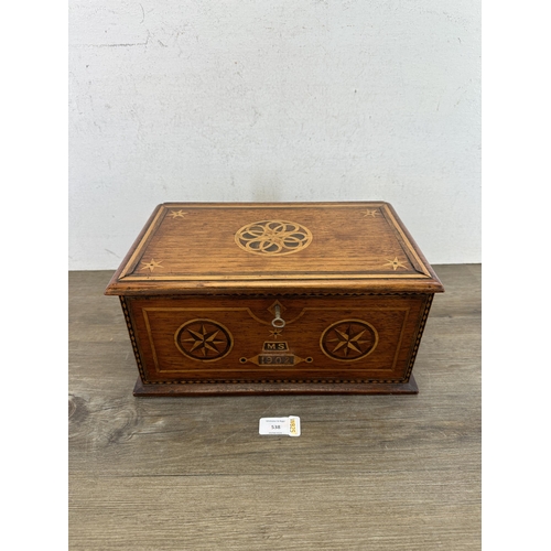 538 - An Edwardian Tunbridge ware inlaid oak rectangular box, dated 1902 - approx. 18cm high x 33cm wide x... 