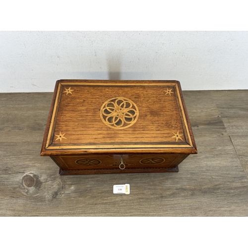 538 - An Edwardian Tunbridge ware inlaid oak rectangular box, dated 1902 - approx. 18cm high x 33cm wide x... 