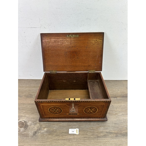 538 - An Edwardian Tunbridge ware inlaid oak rectangular box, dated 1902 - approx. 18cm high x 33cm wide x... 