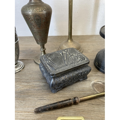 427 - A collection of antique and later metalware to include early 20th century Japanese embossed pewter r... 