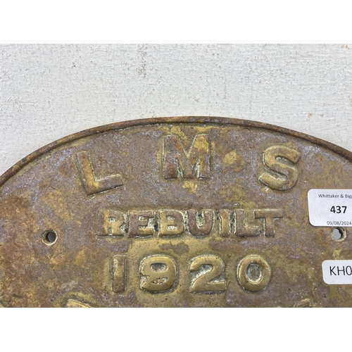 437 - An 'LMS Derby Rebuilt 1920' cast brass works plate - approx. 14.5cm high x 25.5cm wide