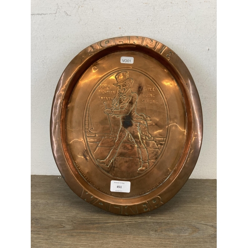 451 - A 1930/40s Johnnie Walker oval copper advertising serving tray - approx. 34.5cm high x 29cm wide