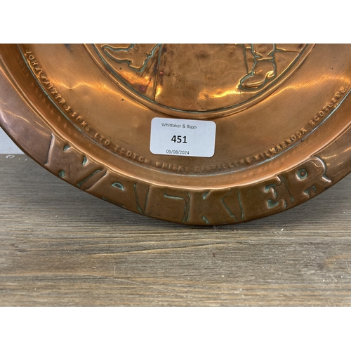 451 - A 1930/40s Johnnie Walker oval copper advertising serving tray - approx. 34.5cm high x 29cm wide