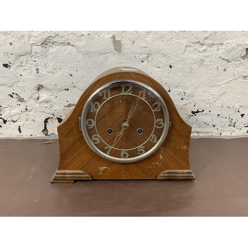 143 - Five various mantel clocks to include Bentima 8 day, French oak cased 8 day retailed by Finlaysons W... 