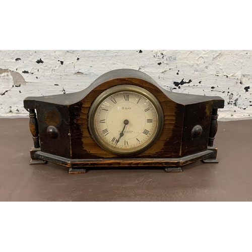 143 - Five various mantel clocks to include Bentima 8 day, French oak cased 8 day retailed by Finlaysons W... 