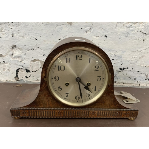 143 - Five various mantel clocks to include Bentima 8 day, French oak cased 8 day retailed by Finlaysons W... 