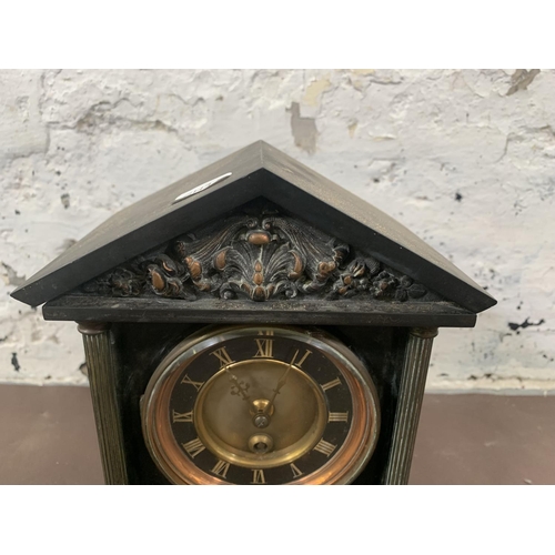 242 - A Kemp & Wilcox of Paris black slate and copper mantel clock with pendulum - approx. 27cm high x 20c... 