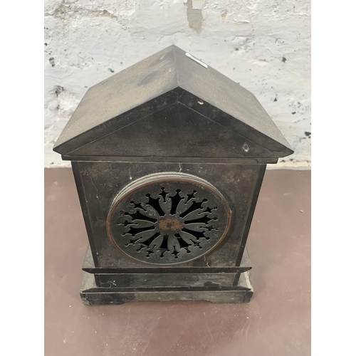 242 - A Kemp & Wilcox of Paris black slate and copper mantel clock with pendulum - approx. 27cm high x 20c... 