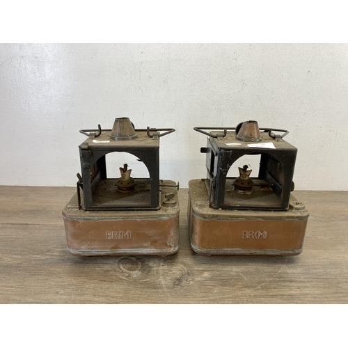 512 - A pair of antique British Rail (BRM) copper signal oil lanterns - approx. 20cm high