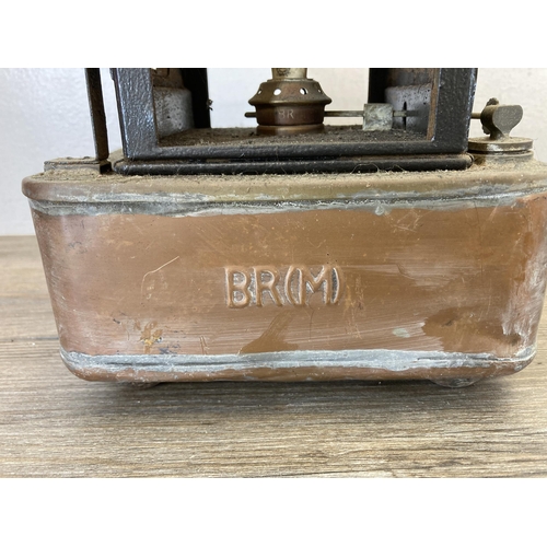 512 - A pair of antique British Rail (BRM) copper signal oil lanterns - approx. 20cm high