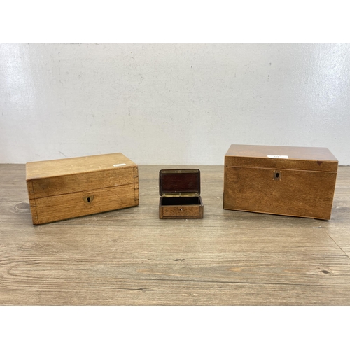 515 - Three 19th century boxes, one George III walnut and satinwood tea caddy, one oak jewellery box and o... 