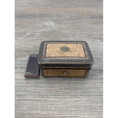 515 - Three 19th century boxes, one George III walnut and satinwood tea caddy, one oak jewellery box and o... 