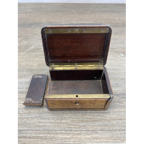 515 - Three 19th century boxes, one George III walnut and satinwood tea caddy, one oak jewellery box and o... 