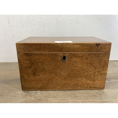 515 - Three 19th century boxes, one George III walnut and satinwood tea caddy, one oak jewellery box and o... 