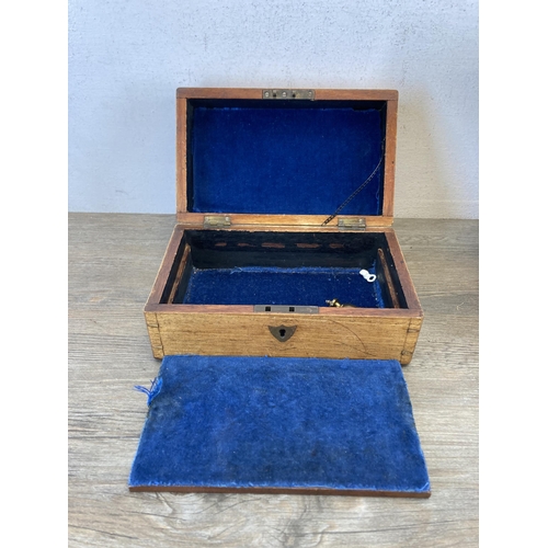 515 - Three 19th century boxes, one George III walnut and satinwood tea caddy, one oak jewellery box and o... 