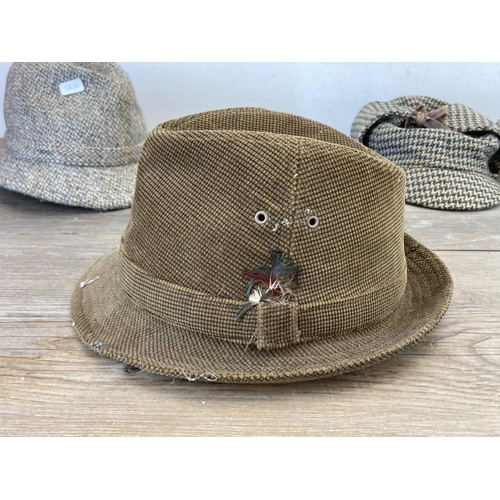 481 - Six vintage men's hats comprising two Dunn & Co. Harris Tweed deer stalkers and four trilbies