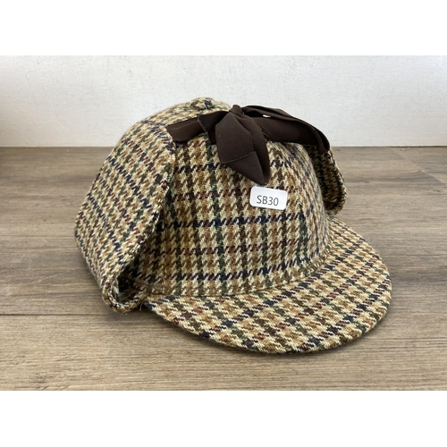 481 - Six vintage men's hats comprising two Dunn & Co. Harris Tweed deer stalkers and four trilbies