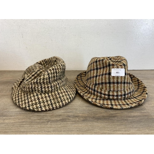 481 - Six vintage men's hats comprising two Dunn & Co. Harris Tweed deer stalkers and four trilbies