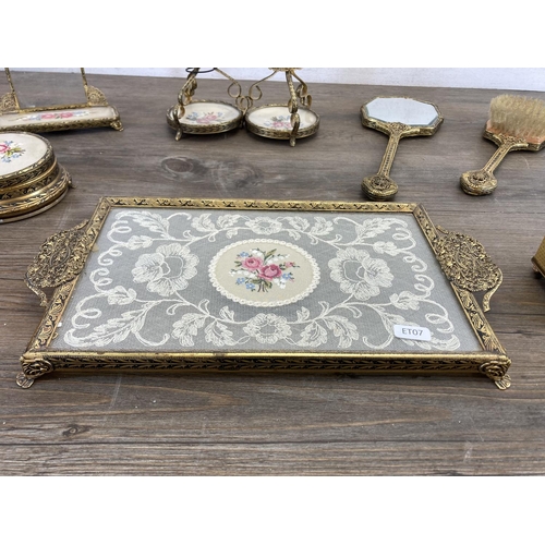 483 - A vintage ten piece petit point dressing table set