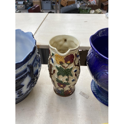 403 - Nine pieces of ceramics to include three Mason's Mandalay jugs, two Mason Cash bird feeders, Bretby ... 